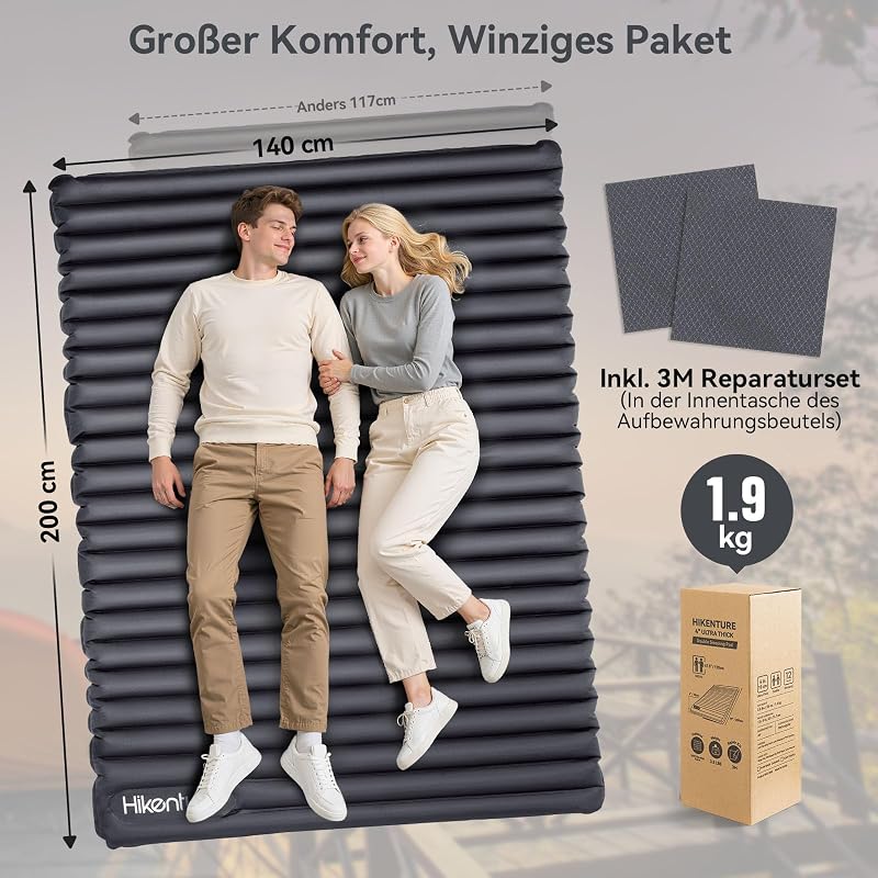 Hikenture Ultrakönnyű Dupla Kempingmatrac - 200x140x10cm Felfújható Matrac 2 Személynek, Beépített Lábpumpával, Túrázáshoz, Kempingezéshez,