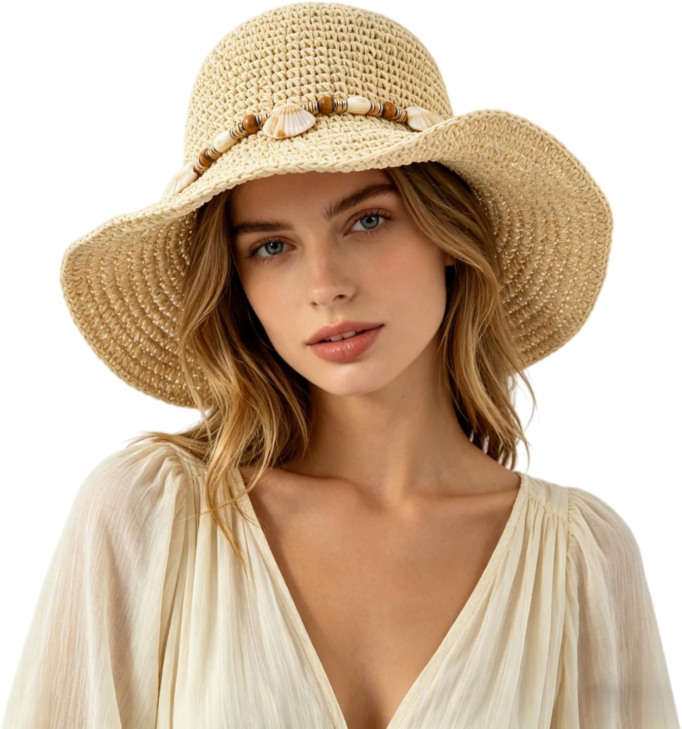 Women's Crochet Straw Beach Hat Bohemian Seashell Beaded Wide Brim Sun Hat Breathable UV Protection Summer Cap
