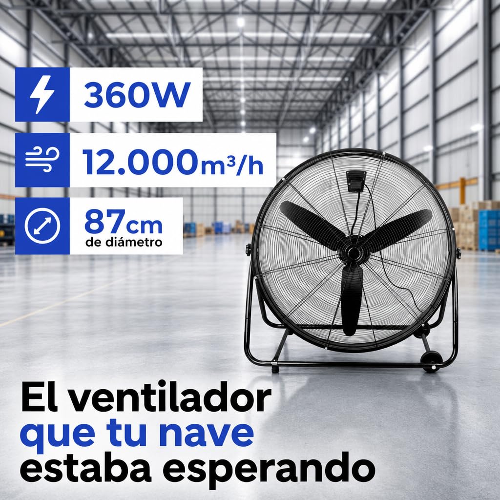 Ventilador Industrial de Suelo con Ruedas 360W, 87cm, 3 Aspas, Negro