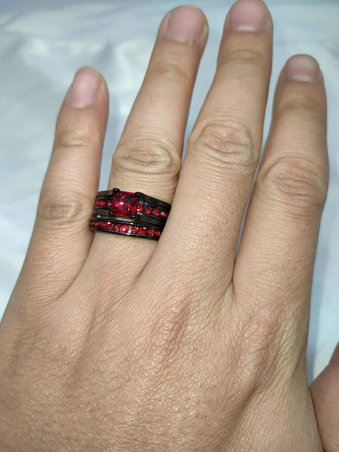 Bridal Sets Black Gold Plated Womens Wedding Ring Sets Princess cut 6mm Red Cz 2pcs Engagement Ring - Image 6