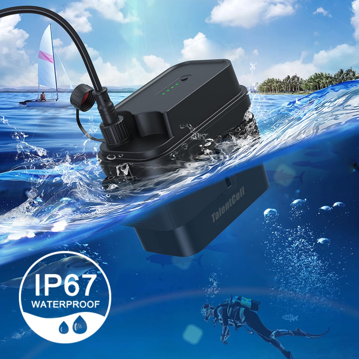 TalentCell Batteria ricaricabile agli ioni di litio da 12 V WP3200, 7000 mAh | IP67 impermeabile, uscita DC, per strisce luminose a LED, telecamere CCTV, router, con caricabatterie AC/DC 12,6 V