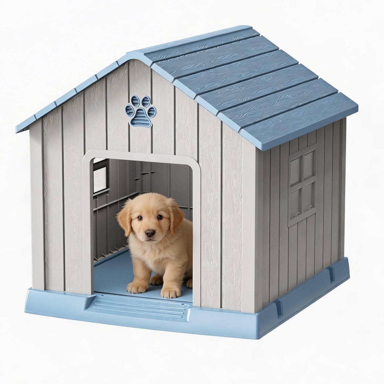Large Dog House Waterproof,Outdoor Dog House Resin Doghouses with Air Vents and Elevated Floor,Easy to Assemble and Clean(Blue 31.18 * 33.7 * 32.52inch)