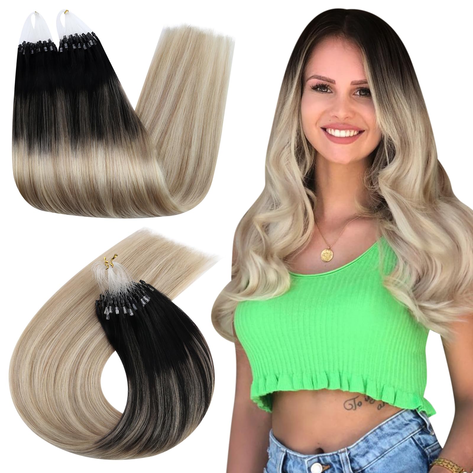 Ugeat Remy Hair Extensions Micro Beads Hair Extensions 45 cm Micro Ring Hair Extension Off Black to Ash Blonde with Platinum Blonde Remy Human Hair Micro Loop #1B/18A/60 50Grams