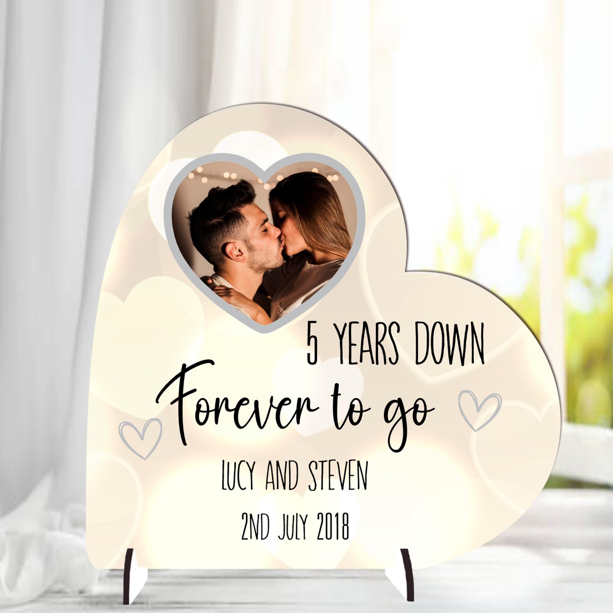 Pixie's Gifts Capture Your Love Story with a Personalised Anniversary Wooden Photo Heart Couple Plaque - Gift for 1st, 5th, 30th, or 50th Anniversary Celebrations (Mdf Wood 19cm x 19cm, Gold Hearts)