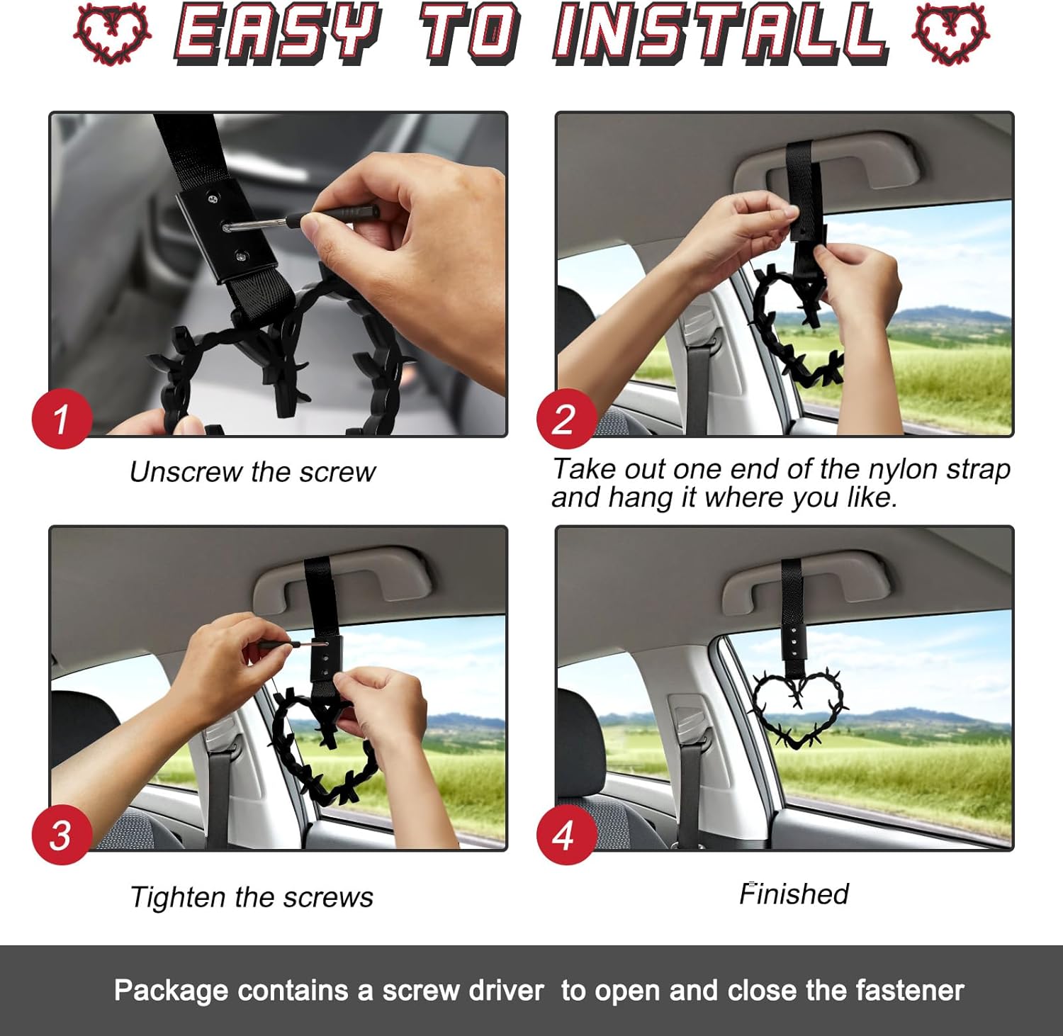 Fabbay 2 Pieces Heart Handle Keychains Car Accessory Heart Hand Strap Drift Charm for Car Interior Exterior Decoration(Black,Thorns Style) - Image 4