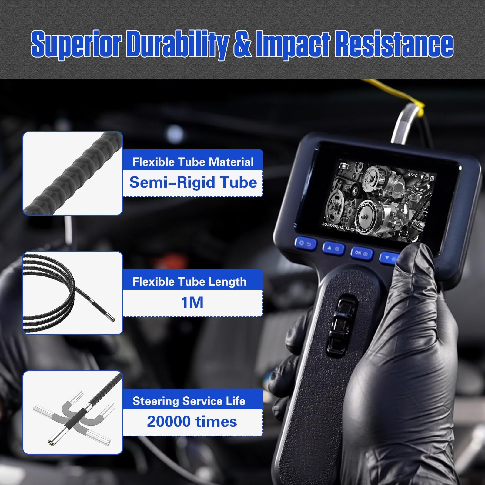 BELEY Cámara Endoscópica con luz, Endoscopio Camara de Inspeccion 1080P con Iluminación LED de 4 Niveles, Cabeza Móvil 210° IP67 Resistente al Agua, Tarjeta de Memoria de 32 GB, Sonda de 1m