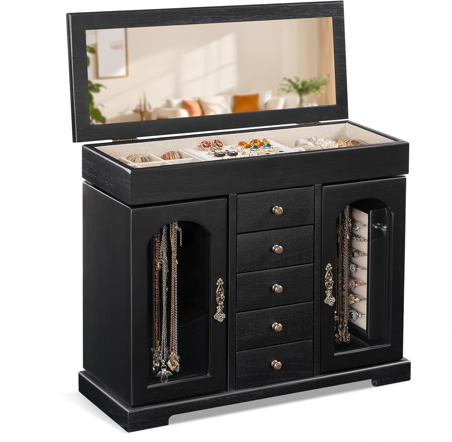 Miratino Jewelry Box for Women Girls, Wooden Jewelry Organizer Box with Mirror, 5 Layer Jewelry Storage Case Display for Necklaces Earrings Rings Bracelets Valentine's Day Gifts