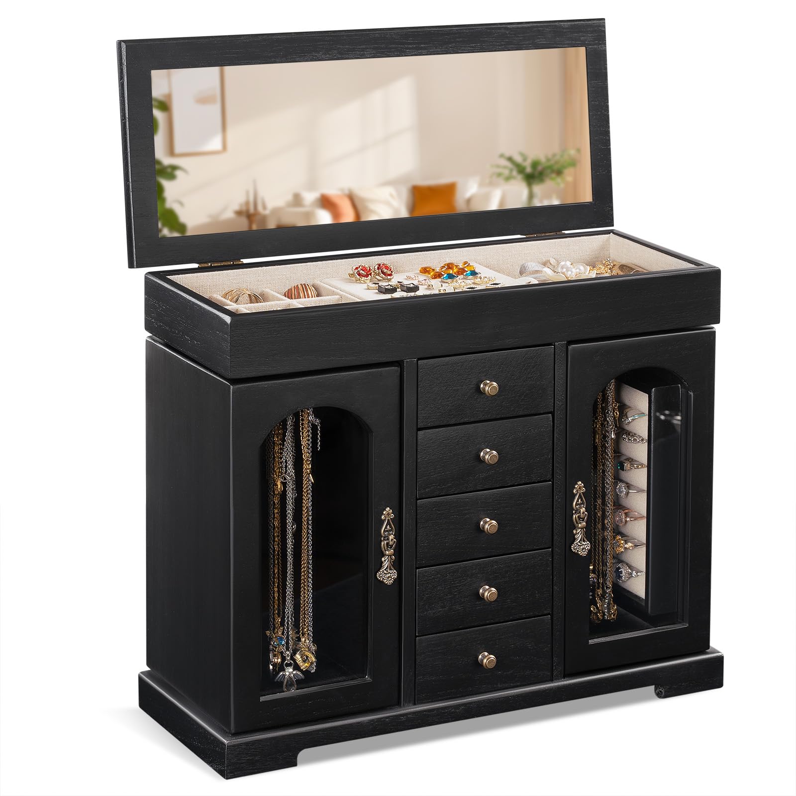 Schmuckkästchen, Rustikales Holz Groß Schmuckkasten Organizers mit Spiegel, Schmuckaufbewahrung, 6 Ebenen Schmuckbox für Ringe, Ohrringe, Halsketten, Armbänder (Schwarz)