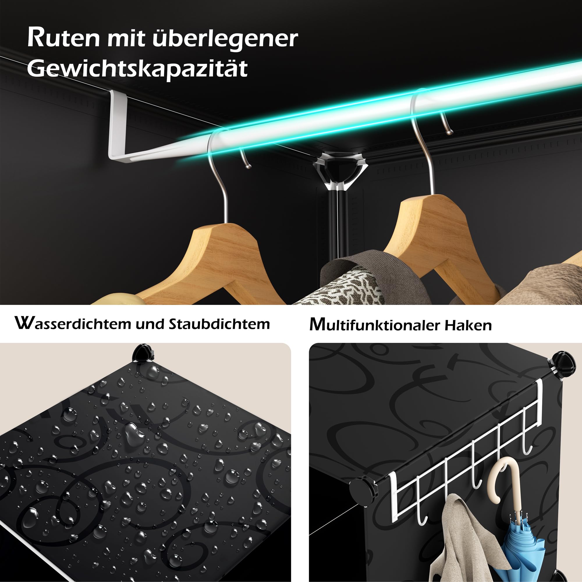 HOMIDEC Kleiderschrank, Tragbarer Regalsystem Schrank Schlafzimmer, 16 Würfel Schrank aus Kunststoff mit 3 Kleiderstange, Schlaf zimmerschrank (schwarz und weiß)
