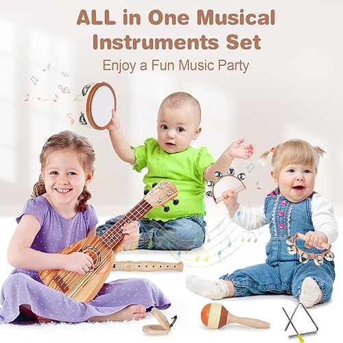 Miniatura 8 de Juego de guitarra para niños, instrumentos musicales 7 en 1 para niños pequeños de 2 a 4 años, juguetes musicales de madera para niños y niñas de 2,