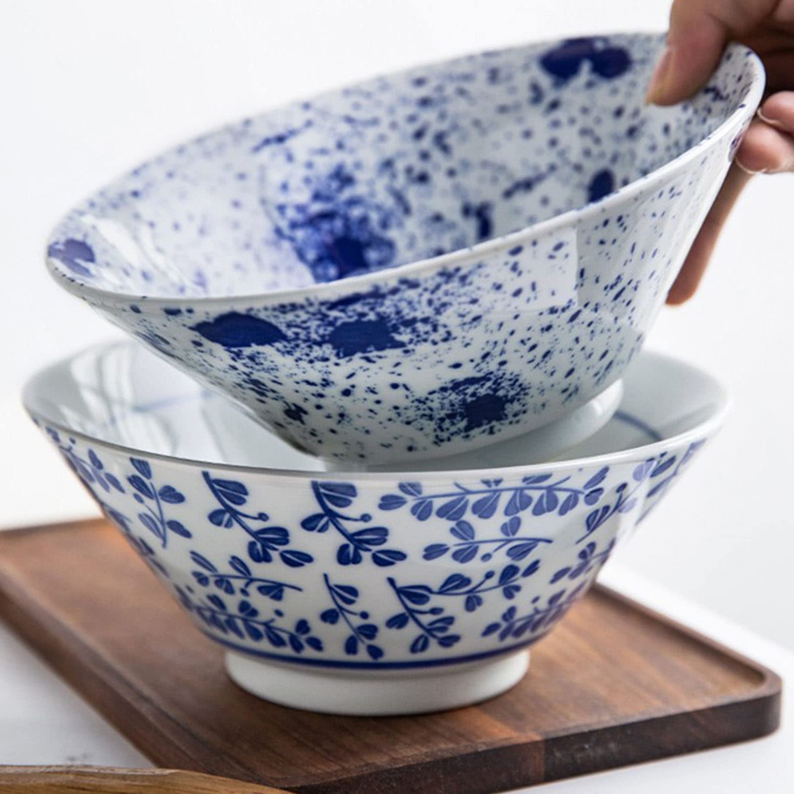 Tazón de cerámica para Ramen, tazón Multiusos de Porcelana Fina para Sopa, Cereales, arroz, Udon y soba, tazón japonés Grande para Fideos, Azul y Blanco