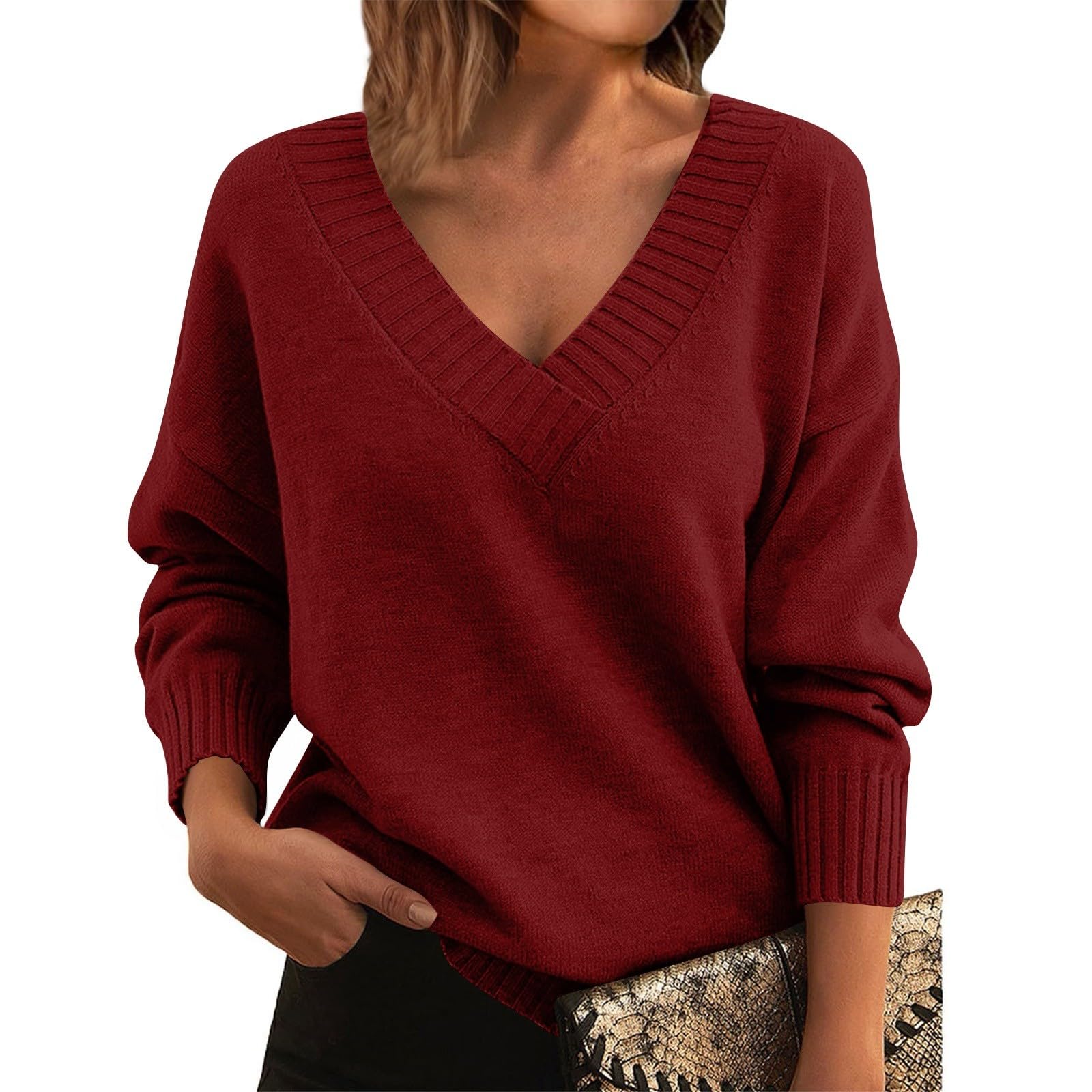 Gumipy Women Sweaters Sexy V Neck Knit Sweater Lightweight Cozy Oversized Sweaters Trendy Knitted Tunic Pullover Sweater