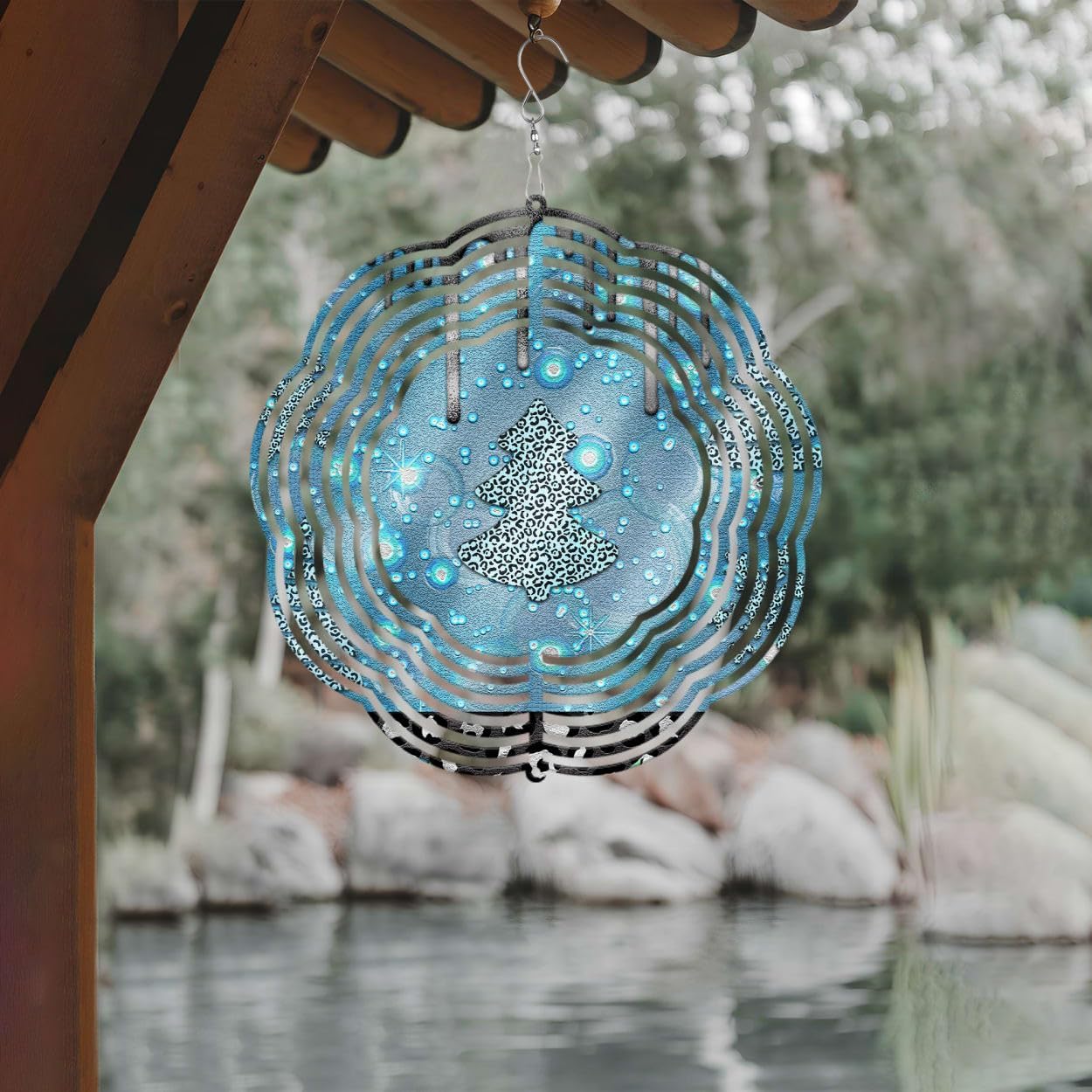 Blue Tree with Leopard Pattern Christmas Wind Spinners 3D Stainless Steel Laser Cut Metal Double Sided Printing-Hanging Indoor/Outdoor Decorations Yard Gardening Decor,Metal Kinetic Art 16x16 inches