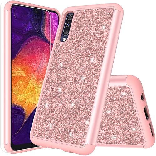 Funda para teléfono Samsung Galaxy A50 + pantalla HD Glitter Quicksand Sparkle Bling Bling Case para niñas y mujeres (rosa)