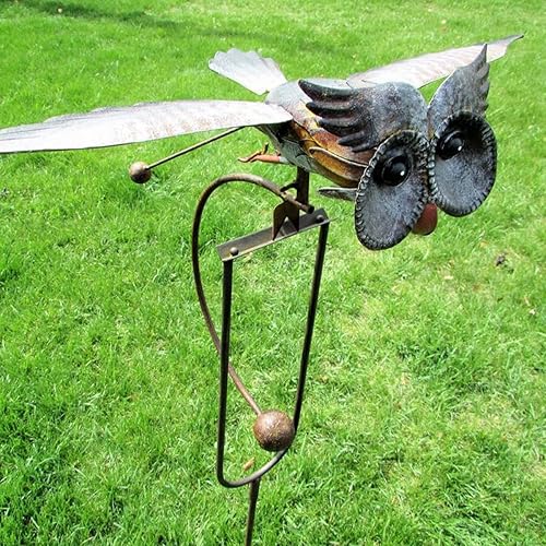 Miniatura 4 de DlbvFoy Escultura cinética de metal Magic OWL, arte de jardín, pájaro que aletea grandes adornos de viento, búho volador, arte de jardín, estacas