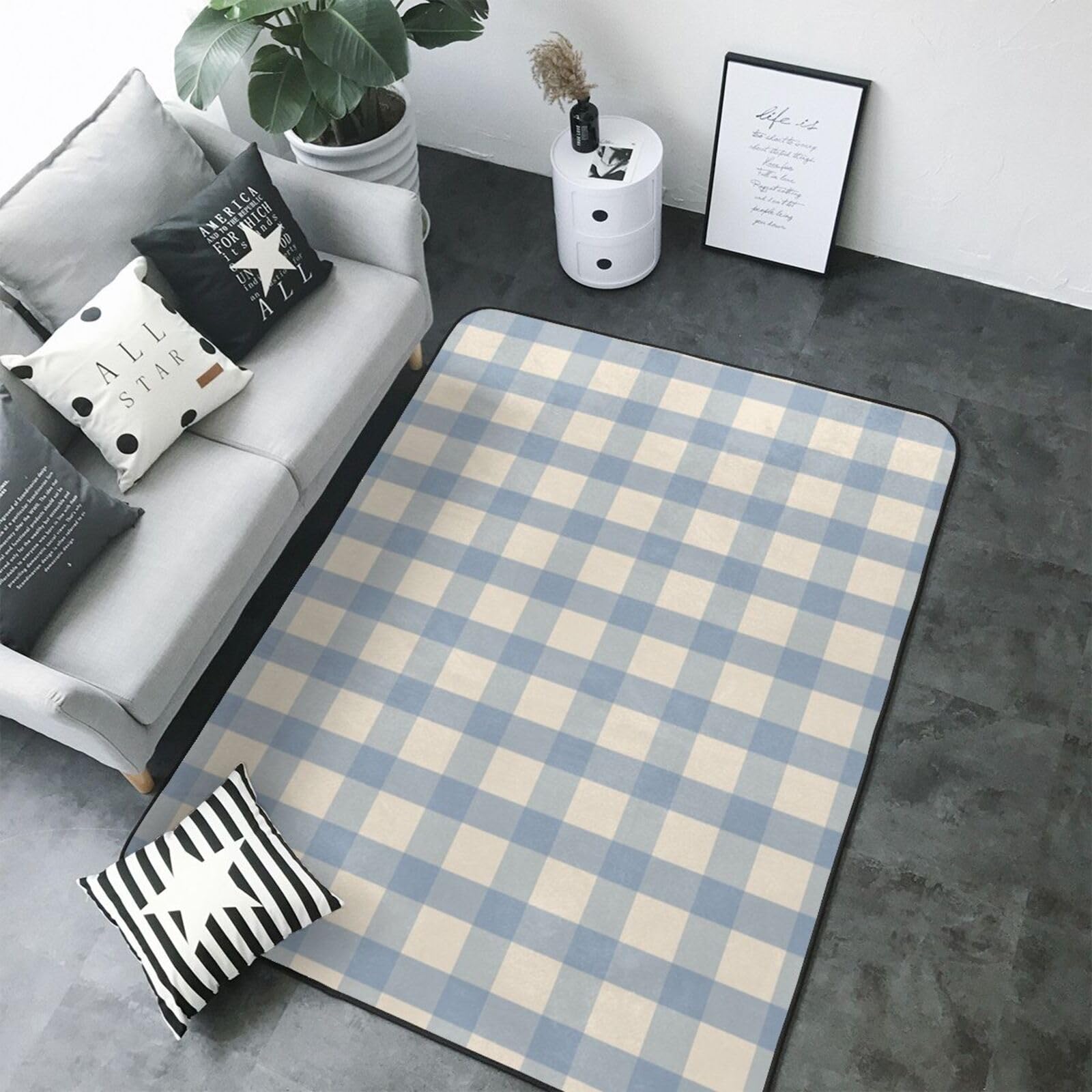Grand tapis de salon vintage vichy bleu 150x200 cm