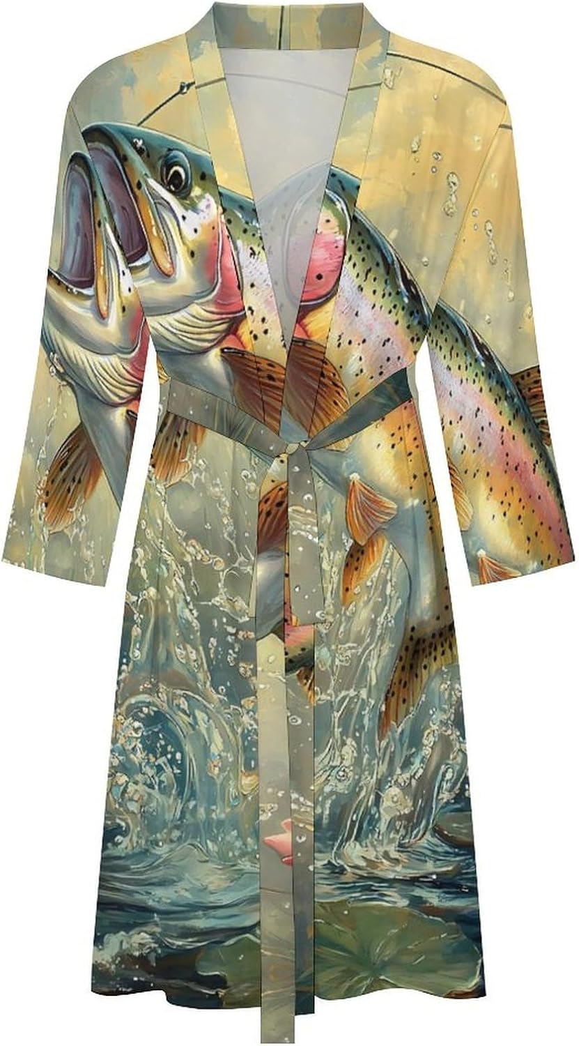 Fish Poster Rainbow Trout Mens Bath Robe Lightweight Bathrobe Knee Length Spa Sleepwear
