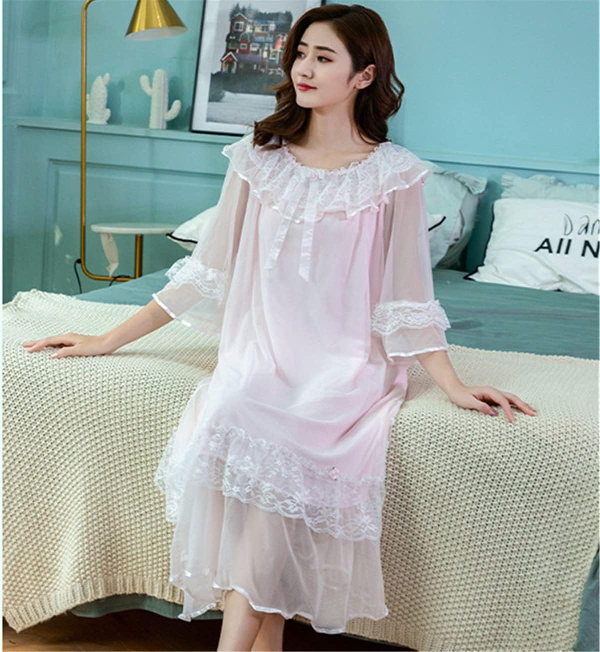 [Vitality-F] レディース ネグリジェ パジャマ ルームウェア ワンピース 長袖 レース ロング プリンセス ナイトドレス