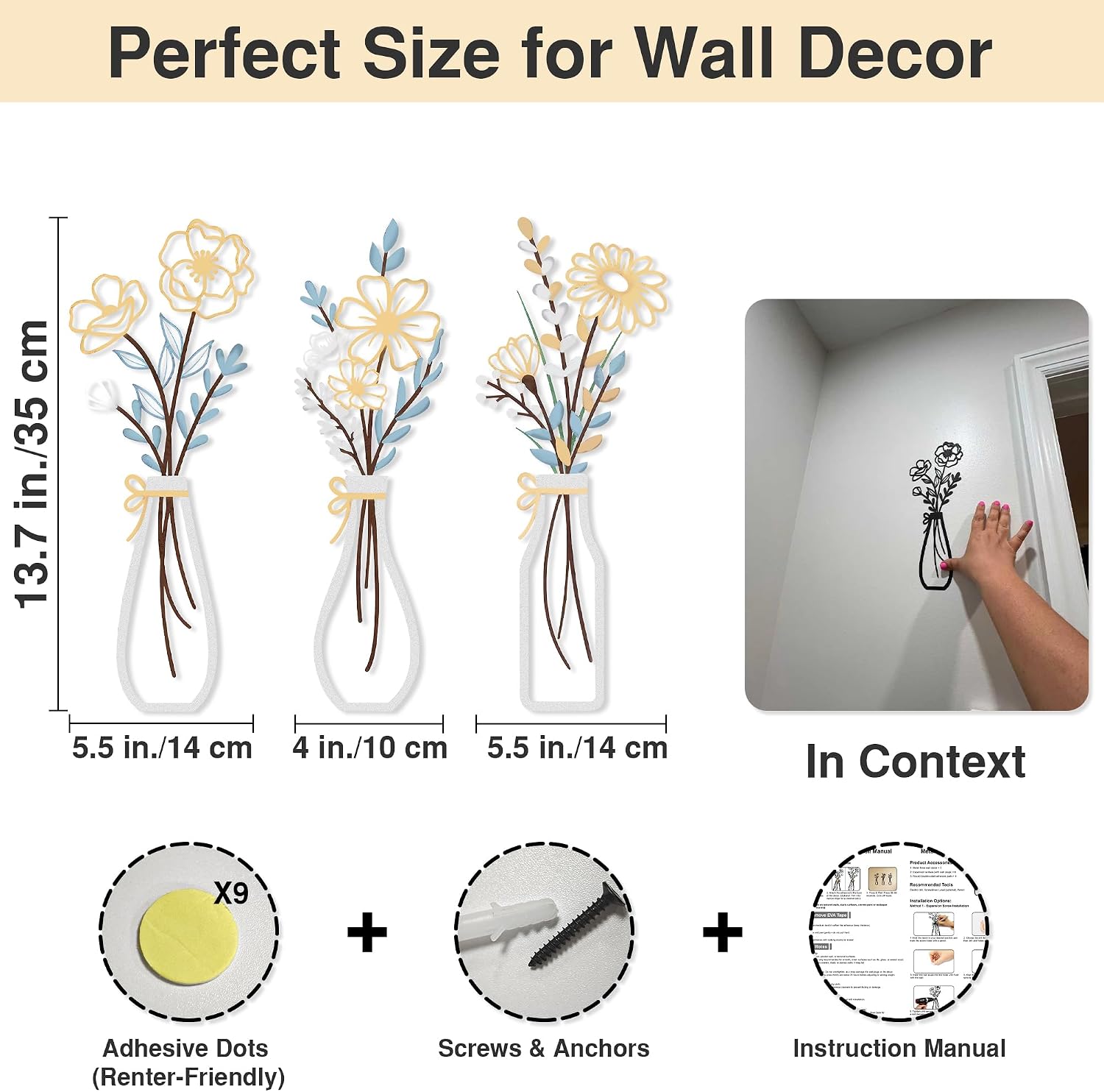 3 Pieces Metal Flowers Wall Art, 3D Silhouette Minimalist Iron Wire & Vases Wall Accent, Modern Farmhouse Floral Home Décor for Living Room,Kitchen,Bedroom,Entryway-Housewarming Gifts(Beige&Blue)