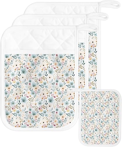 Miniatura 29 de Juego de 2 agarraderas de tela de rizo antideslizantes y aislantes de calor con bolsillo, guantes gruesos para horno, posavasos para hornear