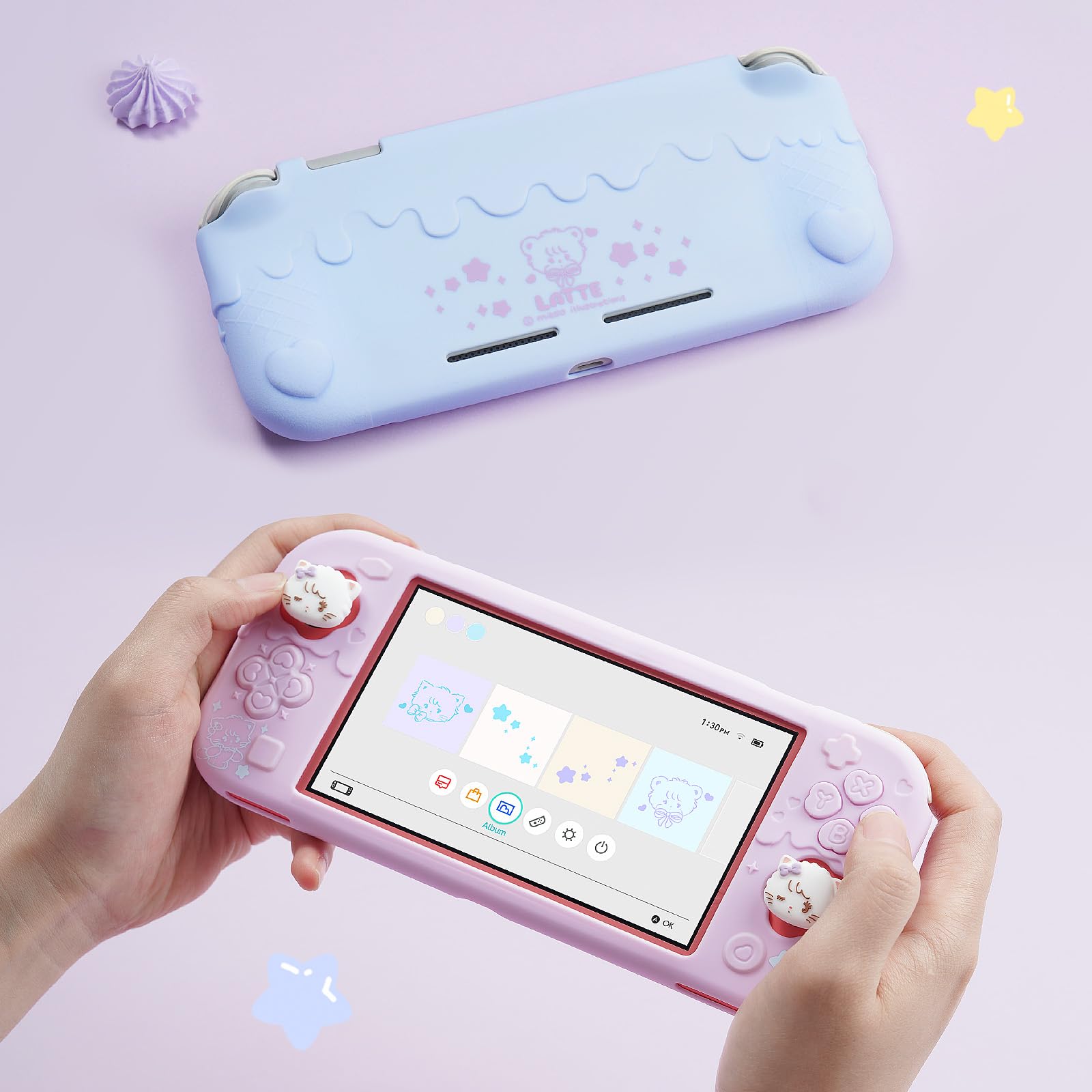 GeekShare Miękka Ochrona Silikonowa Kompatybilna z Switch Lite, Słodka Obudowa z Wzorem Mrożonek Miękka dla Switch Lite z 2 Pokrywami na Kciuki - Fioletowy Mikko