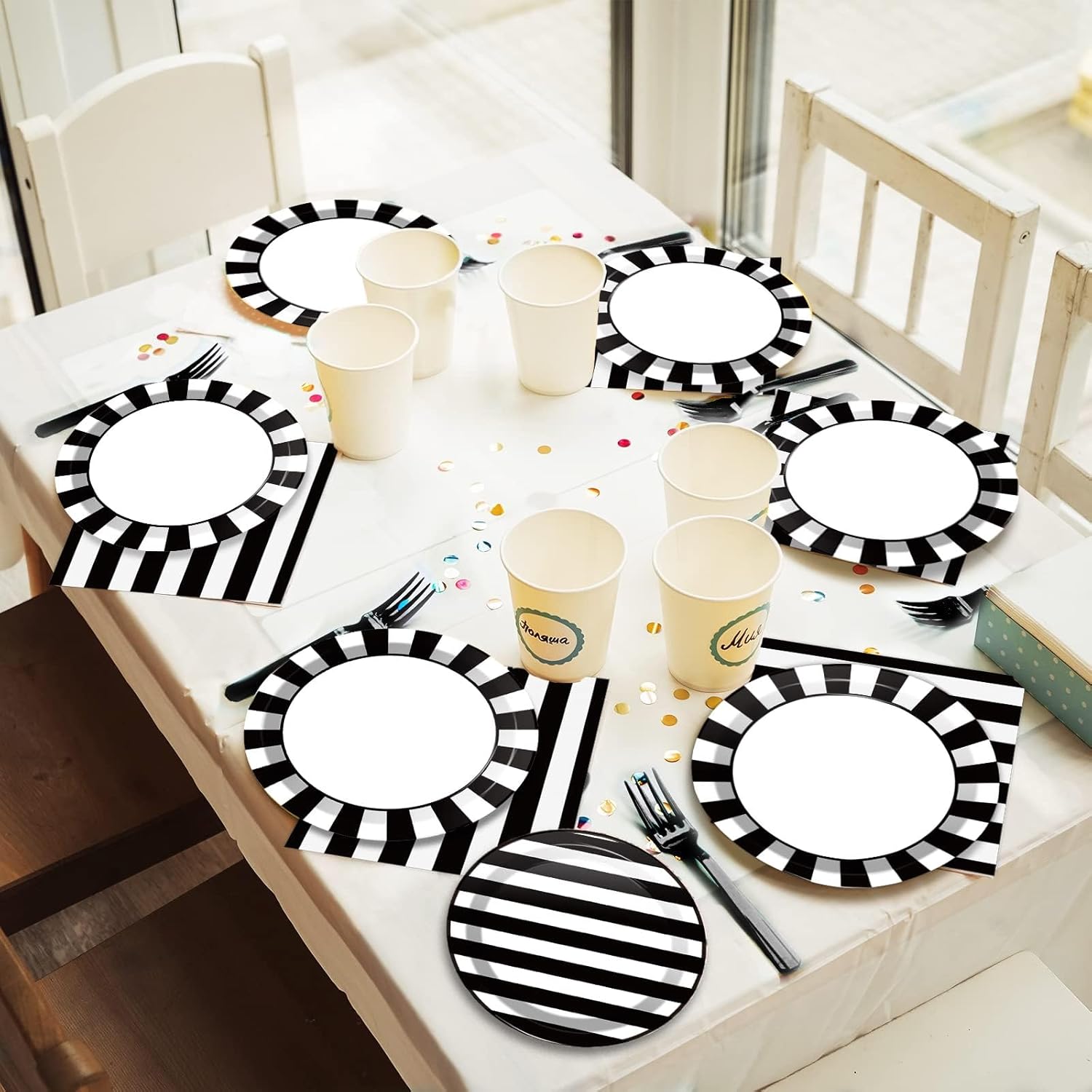 200pcs Black and White Party Plates Napkins Forks Striped Theme Party Tableware Set Black White Party Disposable Paper Dessert Dinnerware Kids Adults Wedding Party Baby Shower Decor Supplies Serves 50 - Image 6