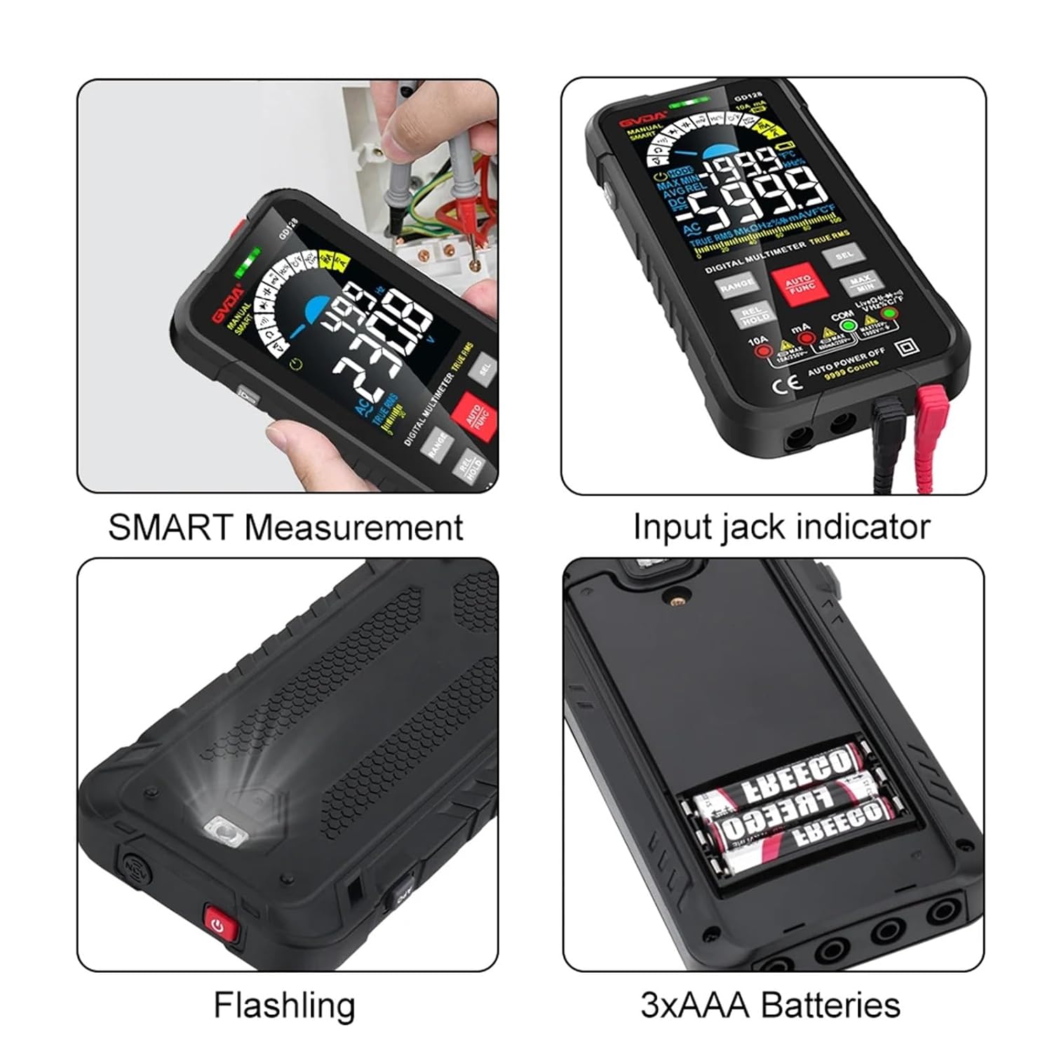 9999 Counts Digital Multimeter Smart Auto Range 1000V 10A Tester Meter Ohm Hz Capacitance REL True RMS AC DMM Multitester(GD128 Black)