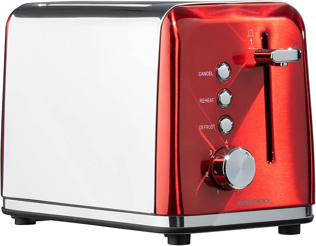 Daewoo Kensington 2 Slice Toaster, Reheat, Defrost & Cancel Controls, Browning Feature, Removable Crumb Tray and Anti-Jam Function-Red
