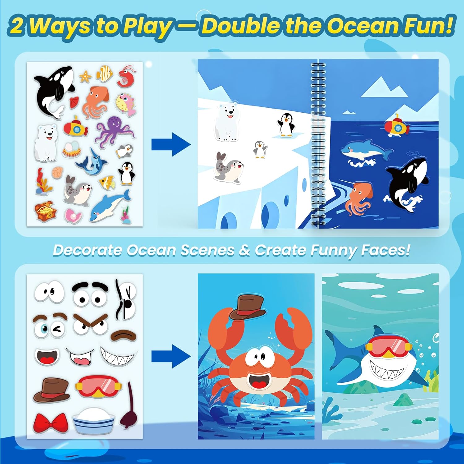 Ocean Reusable Sticker Book for Toddlers, DIY Make-a-face Animals Jelly Fun 3D Stickers, Washable Puffy Stickers for Kids Toys, Airplane Road Trip Travel Activities Essentials for Kids 3 4 5 Years