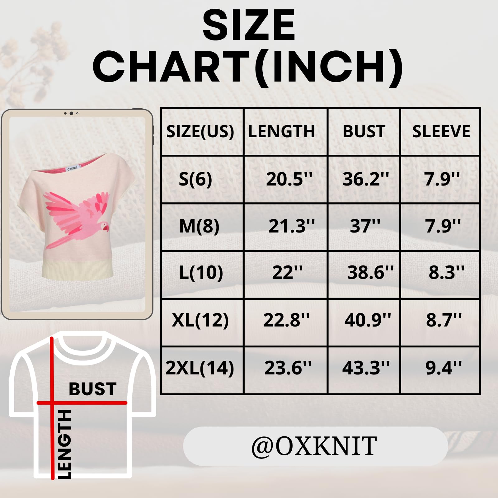 OXKNIT T-shirt d'été en coton tricoté avec épaules dénudées pour femme - Blanc - Motif perroquet rose - Version courte