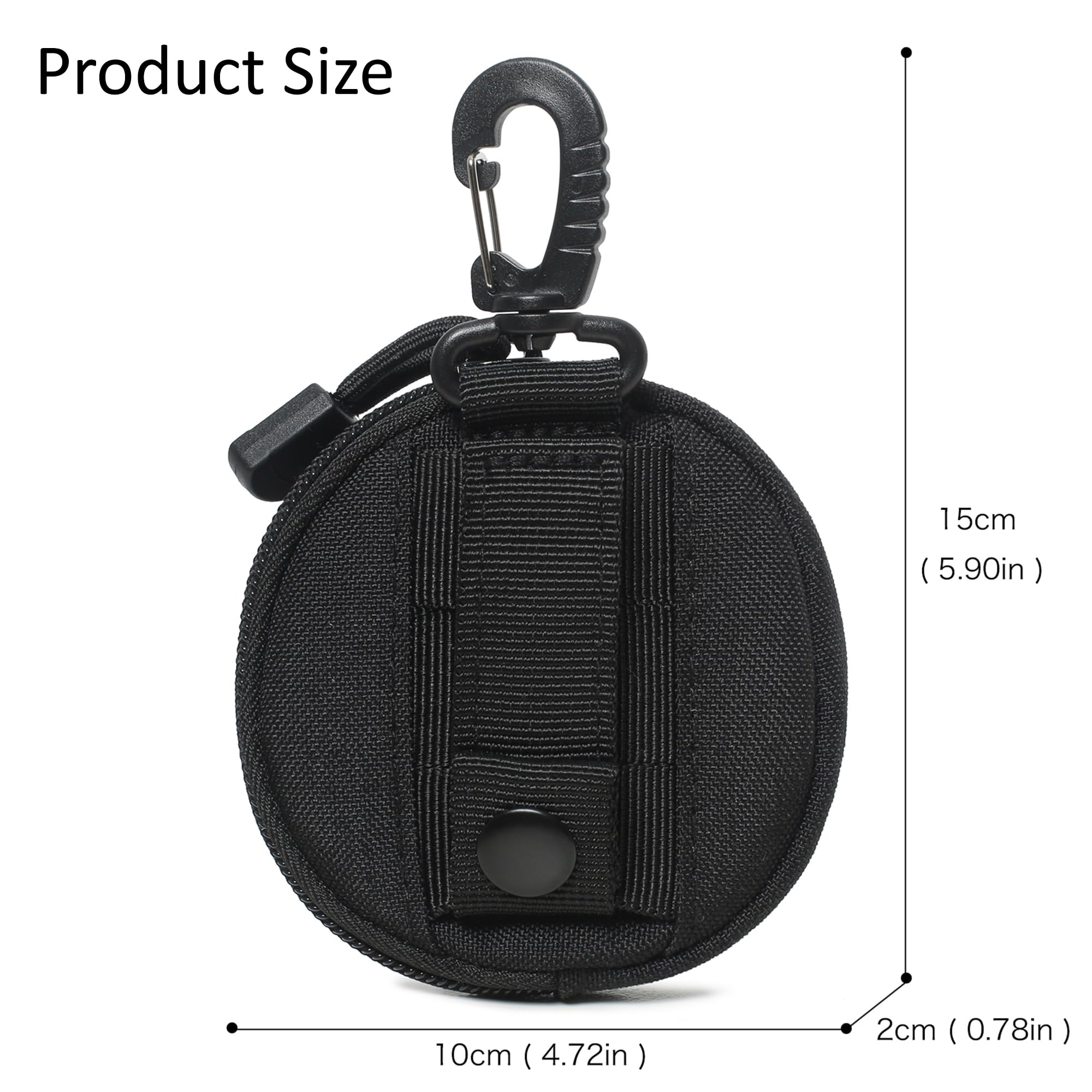 GMYIAK Coin Pouch, Round Coin Bag with Zipper and Carabiner, Change Purses Small Organizer Bags Canvas for Home, Coin Purse Keychain Pockets for Waist Pack (Black)