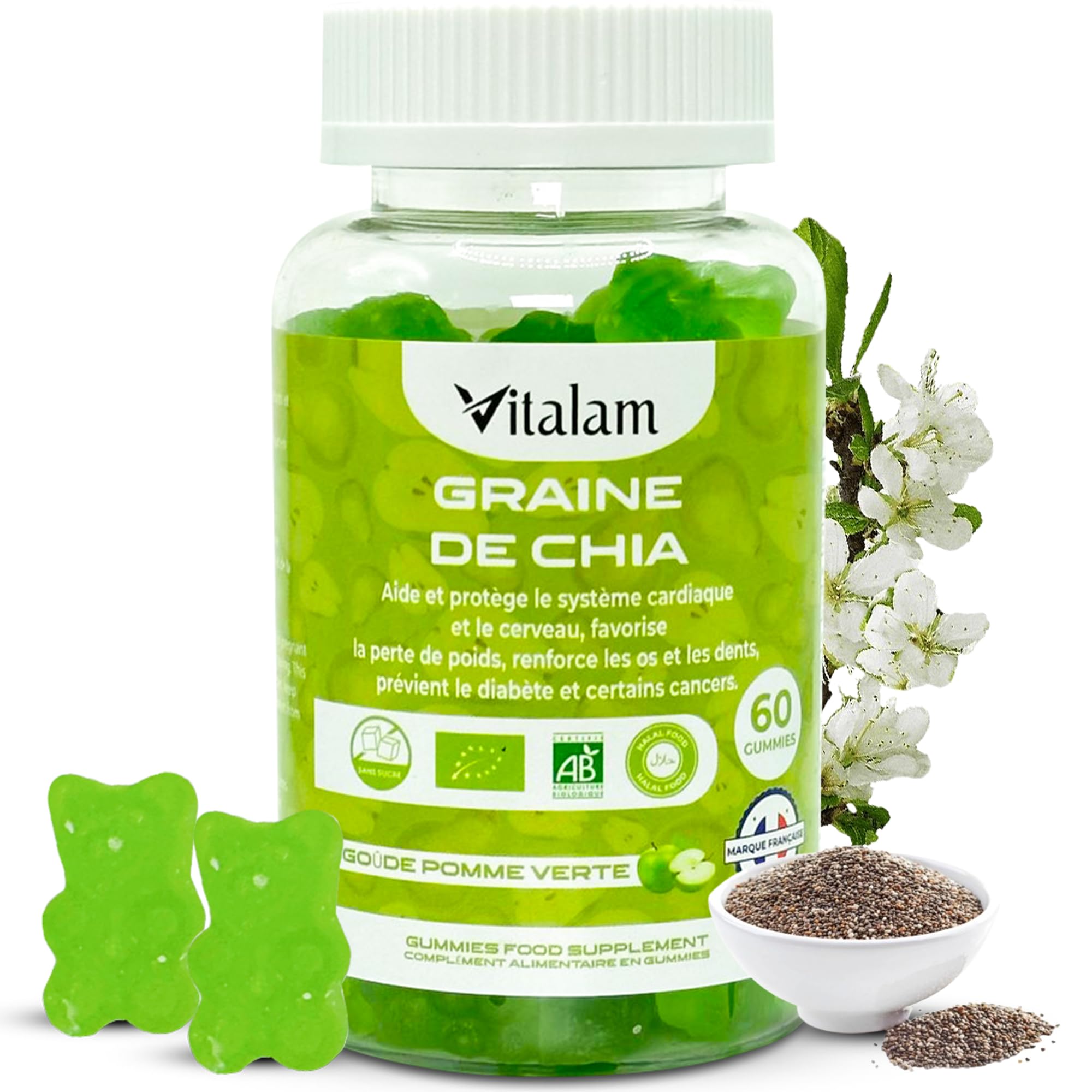 Graine de chia, Gummies Chia Minceur & Perte de Poids et de Tour de taille, Source de protéines, fibres et OMEGA 3, Complément alimentaire, Sans Sucre, 60 gummies, Goût Pomme