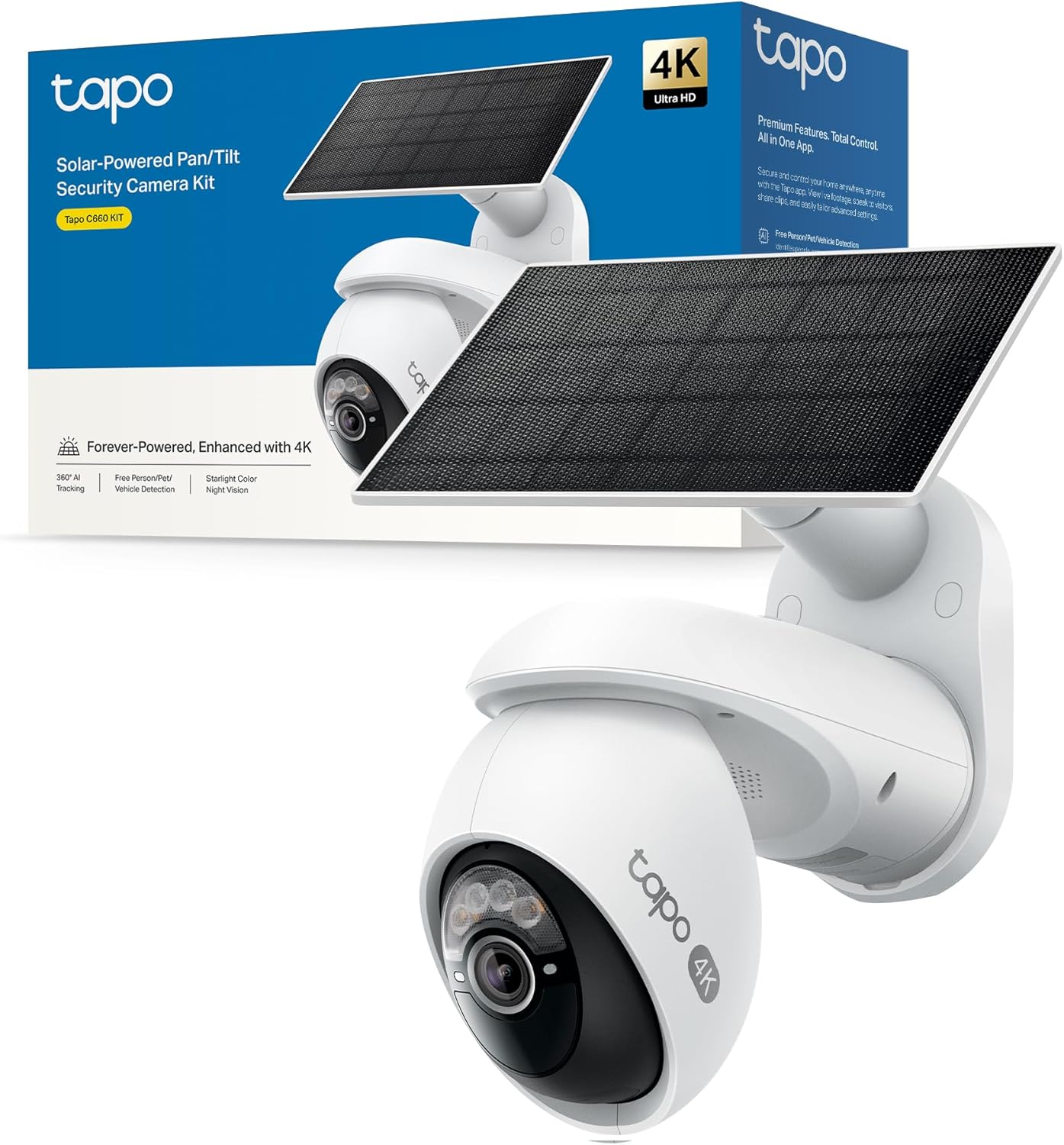 Tapo C660 KIT 4K 8MP Telecamera Pannello Solare, 360 ° Visuale, Visione Notturna a Colori Starlight, Batteria 10000mAh, Connettività WiFi 5G/2.4G, Rilevamento AI, IP66, Allarme Rapida e Anti
