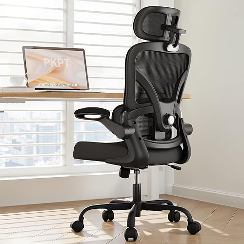 Silla de oficina ergonómica con soporte lumbar ajustable y reposacabezas, silla de malla de respaldo alto con reposabrazos abatibles para largas