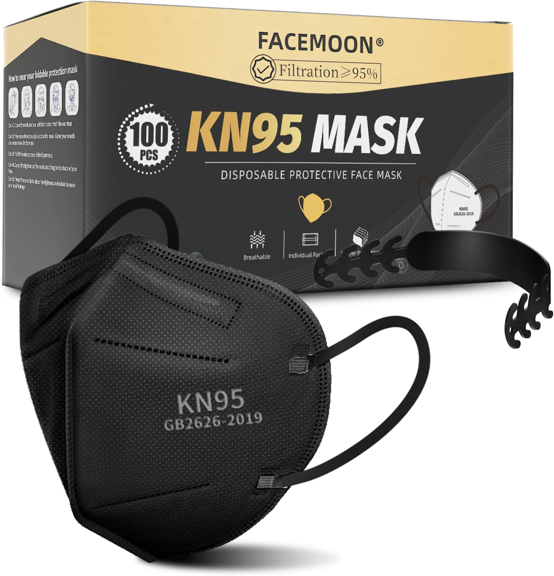 KN95 Face Masks Black Adults - 100 Pack Disposable Masks Comfortable 5-Layer Safety Face Masks & 5 Adjustable Masks Extender Masks Large Size