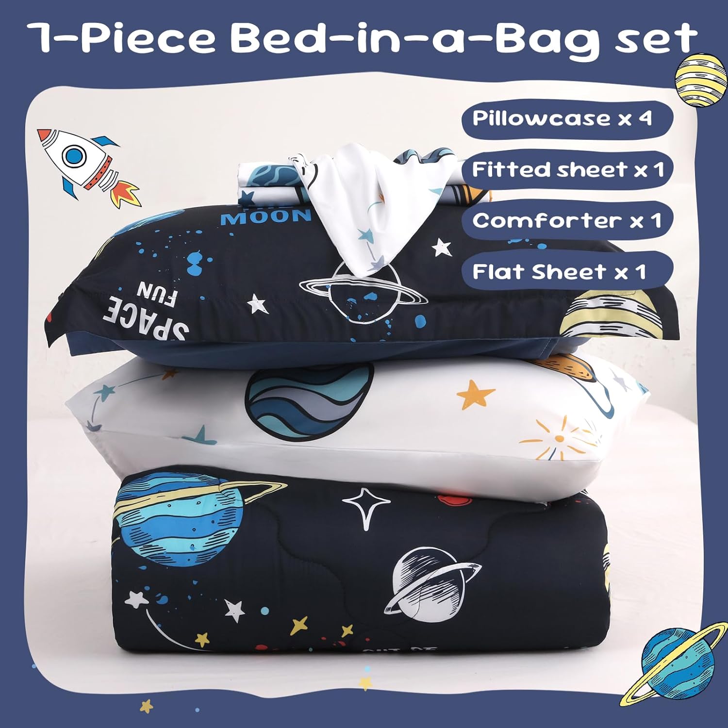 Wajade Kids Space Comforter Set Bed in A Bag Full Size 7 Piece 3D Space Rocket Planets Bedding Set for Teens Boys Girls (1 Comforter, 1 Flat Sheet, 1 Fitted Sheet, 2 Pillowcase and 2 Pillow Sham) - Image 4