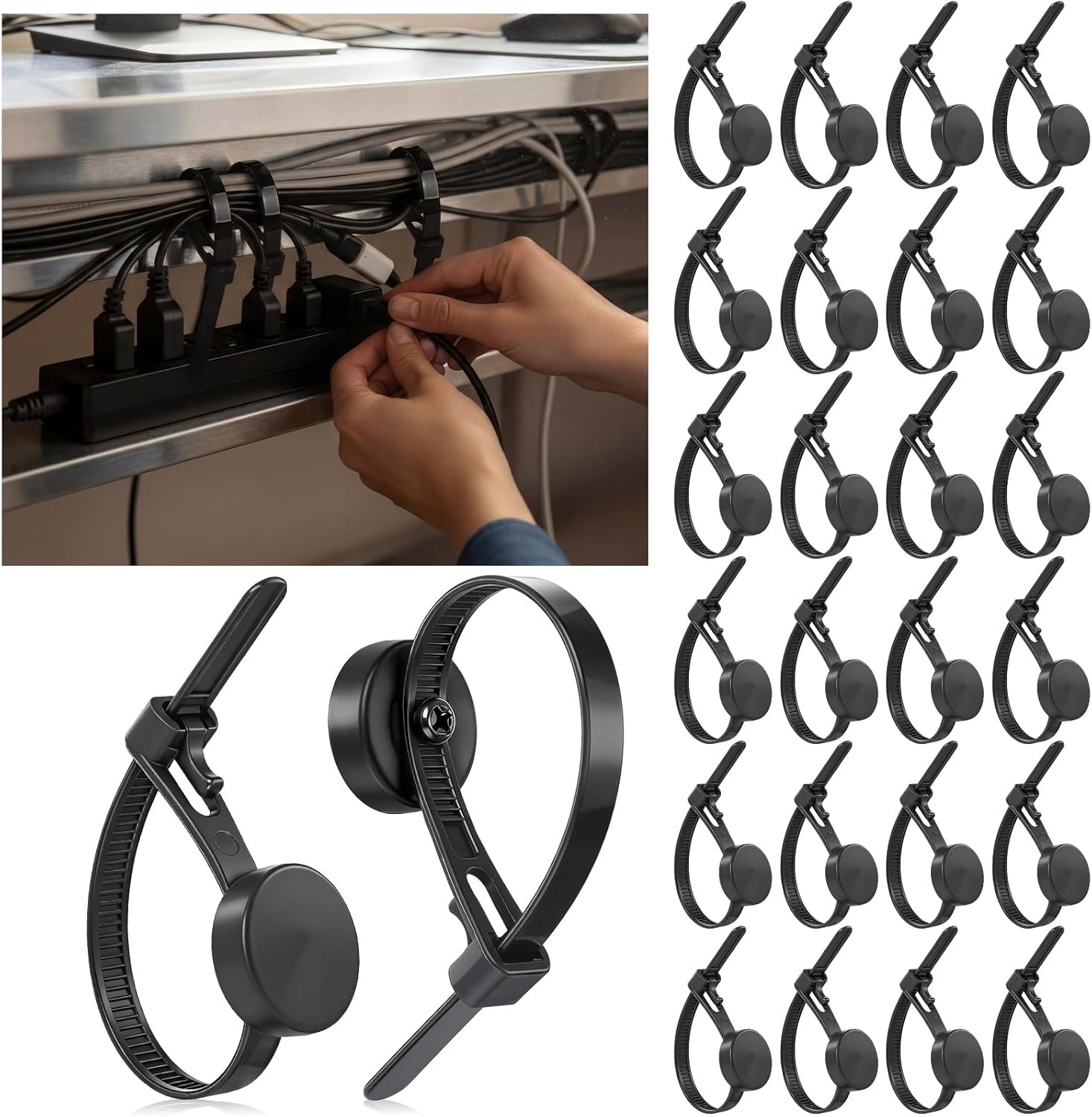 Novabright 24 Pcs Magnetic Zip Tie Mount 21 mm Magnetic Cable Clips Base Powerful Multipurpose Wire Cord Holder Clips Secure Wire Management for Electrical Supplies Organization Office Marine Home