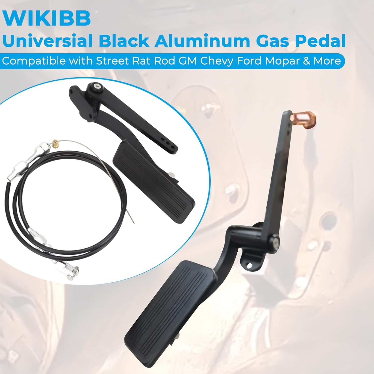 Universal Black Aluminum Gas Pedal Compatible with Street Rat Rod GM Chevy Ford Mopar (Black Pedal with Rubber Cable)