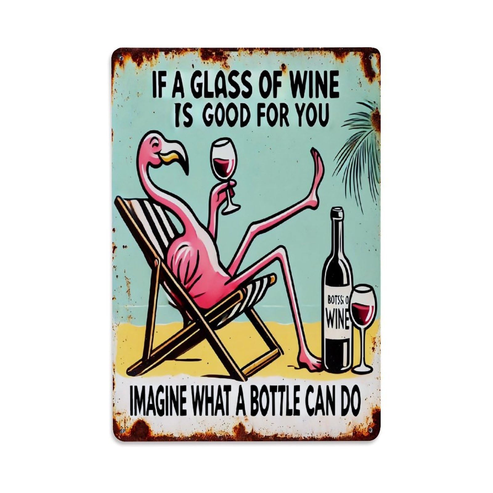 Jdfenggu Vintage Flamingo Relaxing With Wine Bottle Retro Metal Tin Sign, Decor Art Poster For Bar, Home, Man Cave, Kitchen, Laundry Room Gift 8X12inch