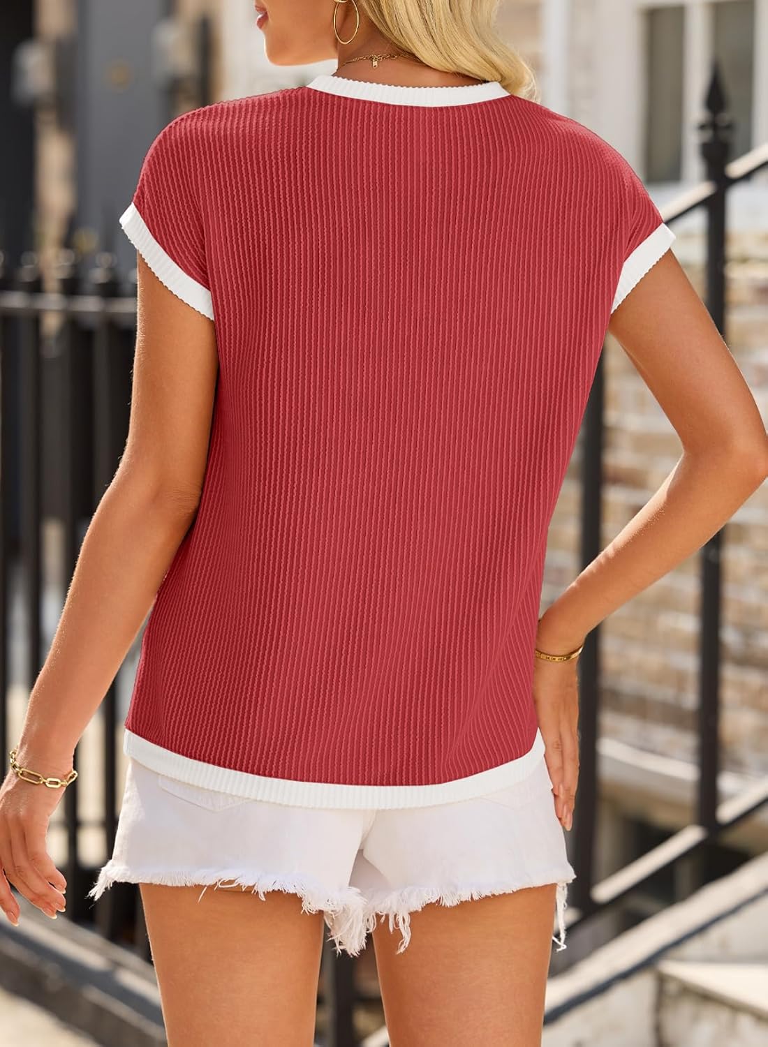 EVALESS Women's Short Sleeve T Shirts Crewneck Color Block Ribbed Knit Tee Blouses 2026 Trendy Summer Tops - Image 3