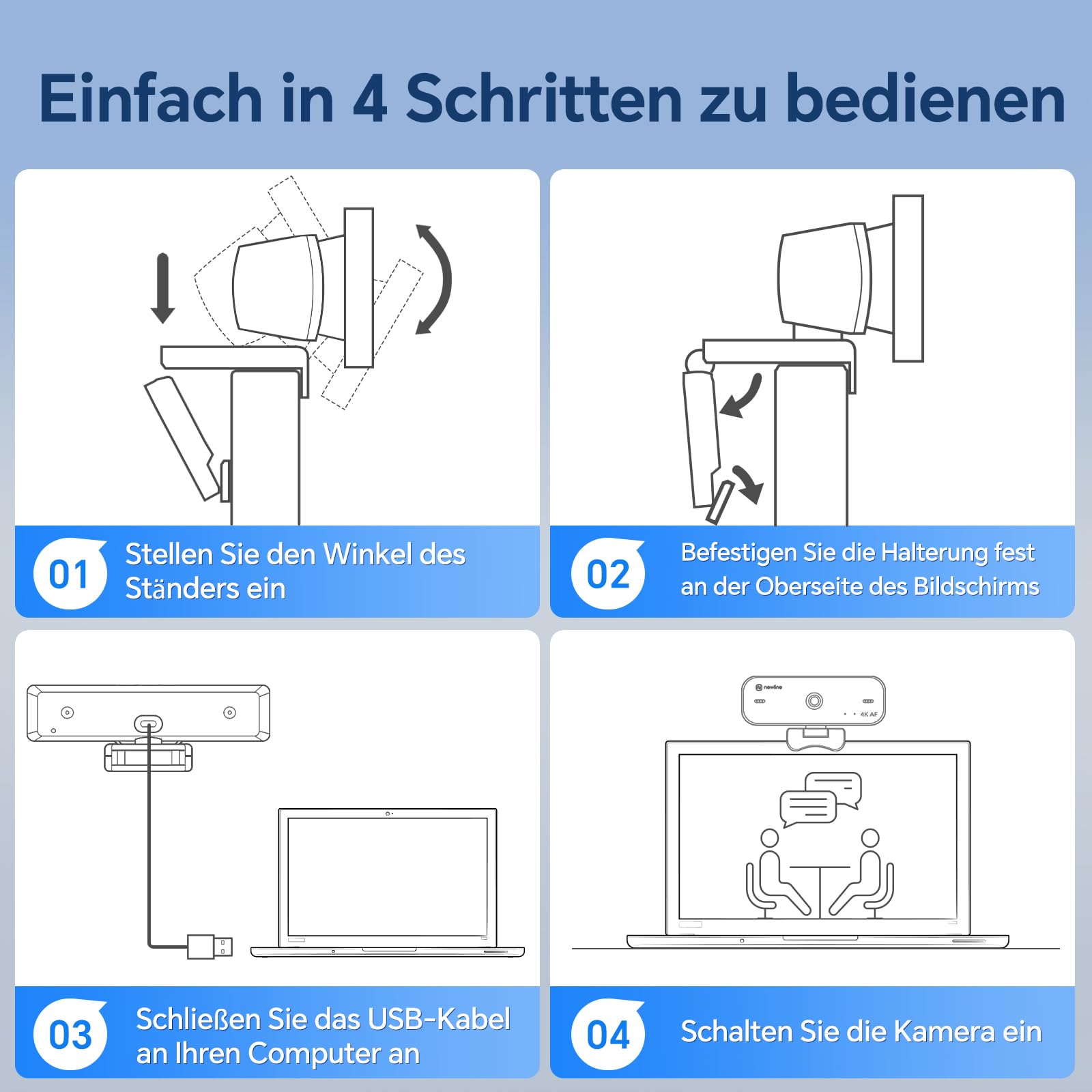 N newline PC Webcam 4k/30fps mit 2 Mikrofonen mit Rauschunterdrückung, Autofokus, Lichtkorrektur, mit Privacy Shutter und Stativ, USB 2.0 UHD Webcam für PC Mac Desktop Skype Streaming