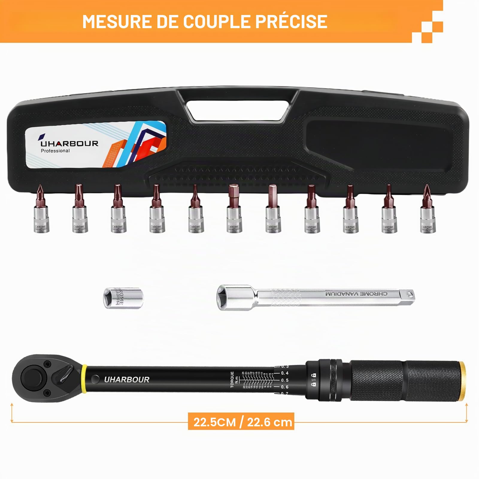 Uharbour Clé Dynamométrique 3-25 Nm 1/4 avec Embouts et Tige d'Extension pour Vélo - Précision d'Erreur de ± 3 %