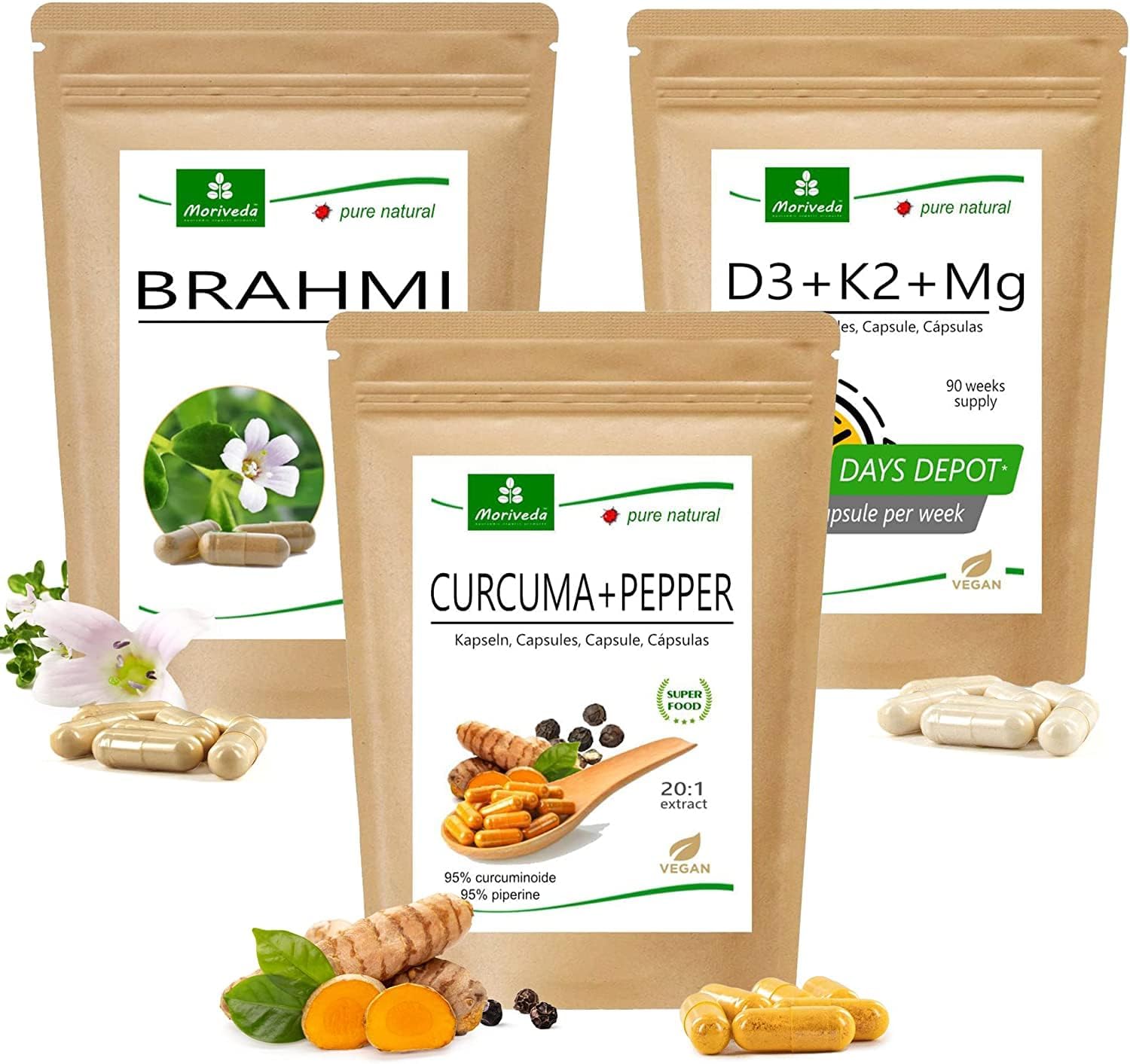 “Brain Power” productpakket | Brahmi-capsules, Curcuma+Peper-capsules, Vitamine D3+K2+Mg-capsules | bacosiden, antioxidanten, vitamines, mineralen