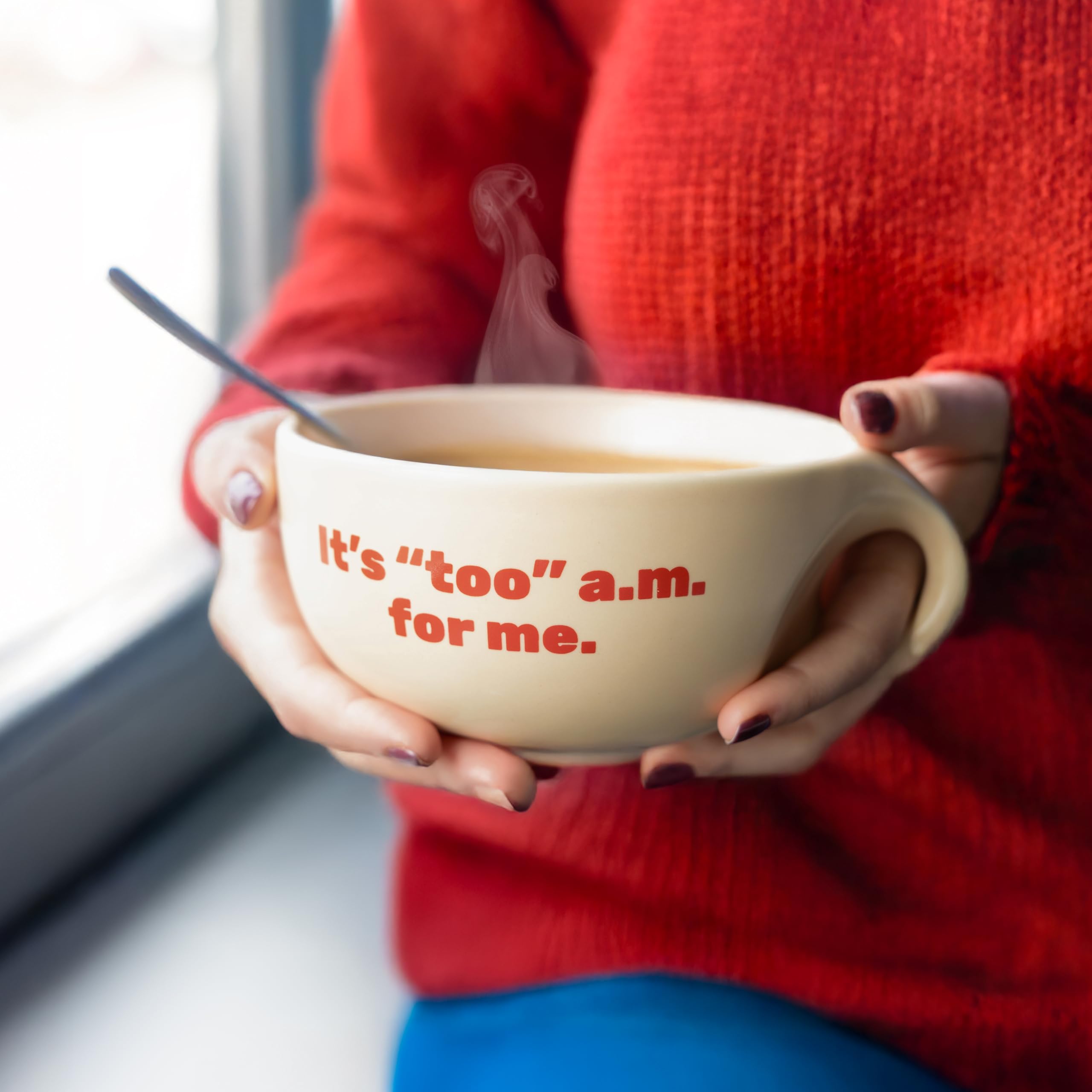 Fisura – Bol petit-déjeuner original "It's Too A.M.". Tasse à café beige 490 ml. Grand bol céramique pour café, muesli ou chocolat chaud. 16,5 cm x 7,5 cm
