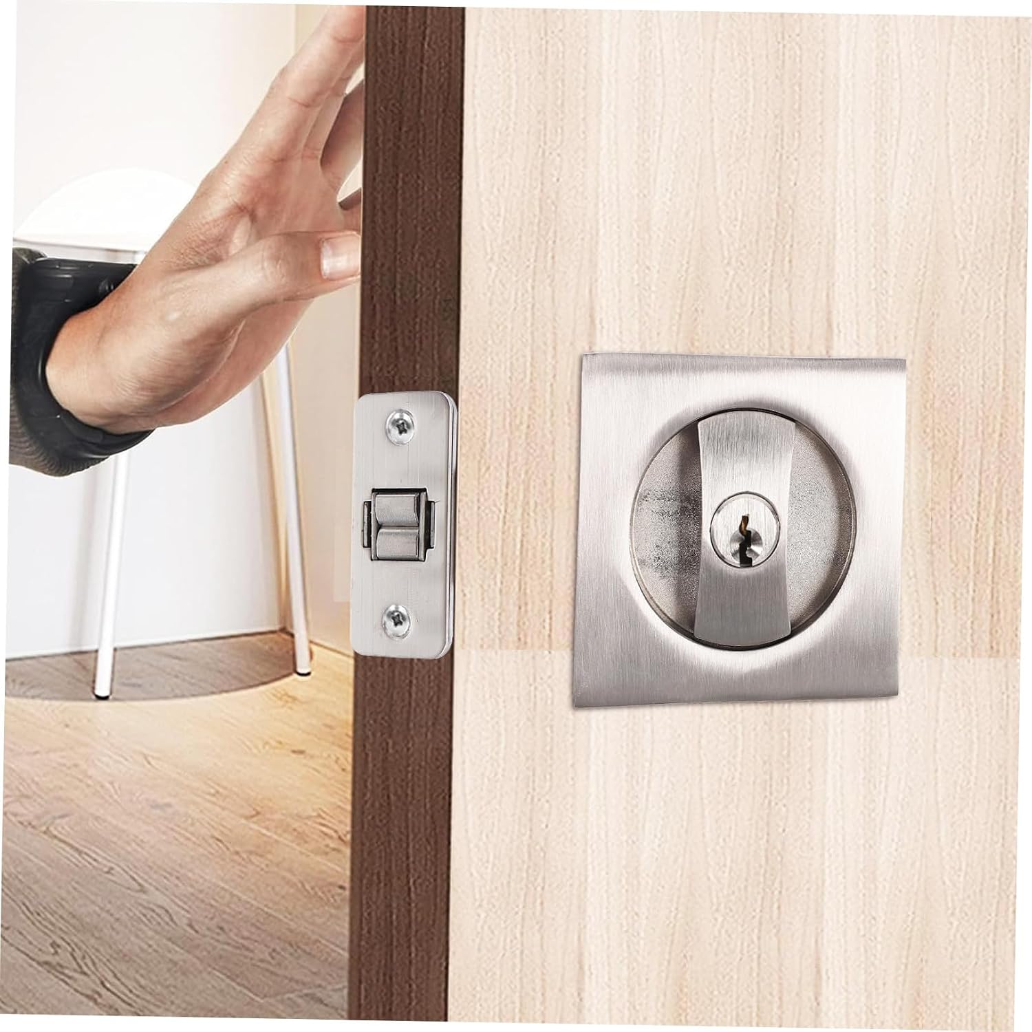 Brushed Square Pocket Door Lock with Keys Modern Privacy Latch Hardware for Indoor Doors Corrosion-Resistant Finish Easy DIY Installation Metal Lock