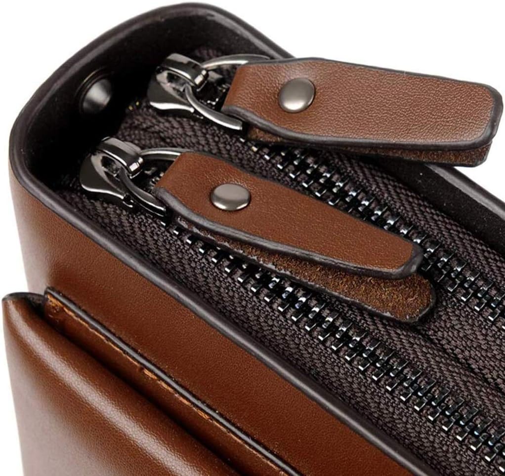 Brown Men's Clutch，Leather Bag Handbag Organizer Checkbook Wallet Card Case with Zipper Wristlet