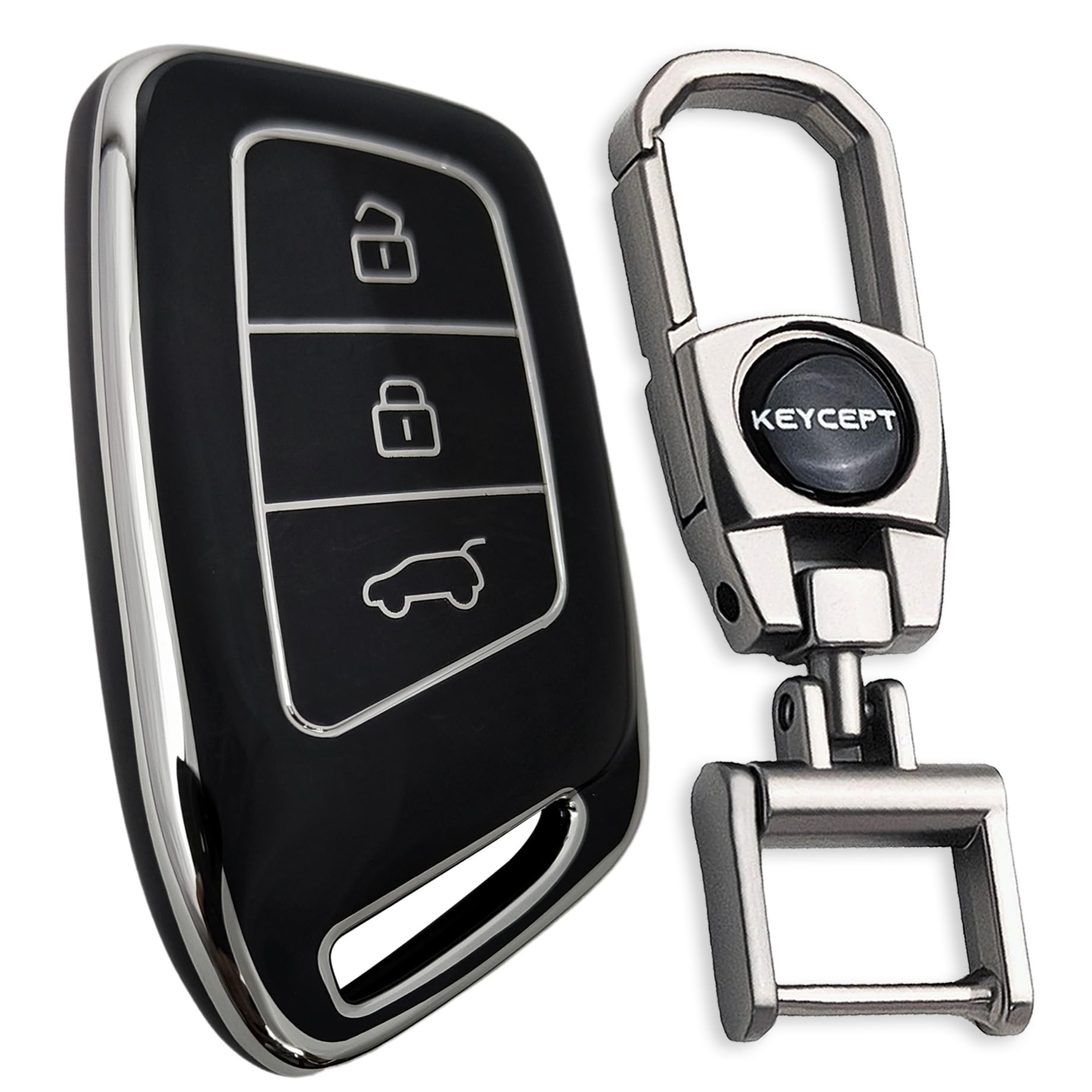 Keycept™ Silver Line TPU Key Cover Compatible with MG Hector 3 button Smart Key with Keychain. (Type 2, Black)