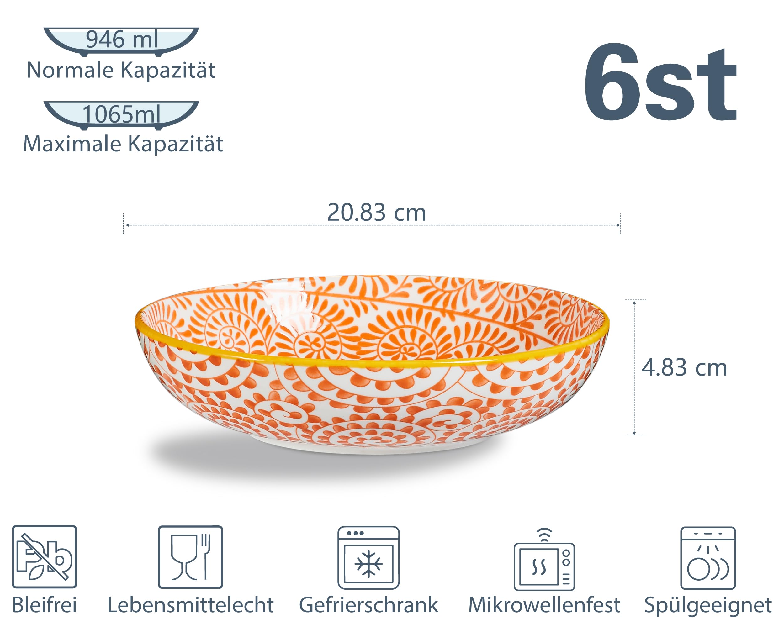 ONEMORE Suppenteller Porzellan, 1065 ml Suppenschalen 6er Set, Servierplatte, RamenSchalen für Nudeln, Salat, Suppe, Haferflocken, Leuchtende Farben