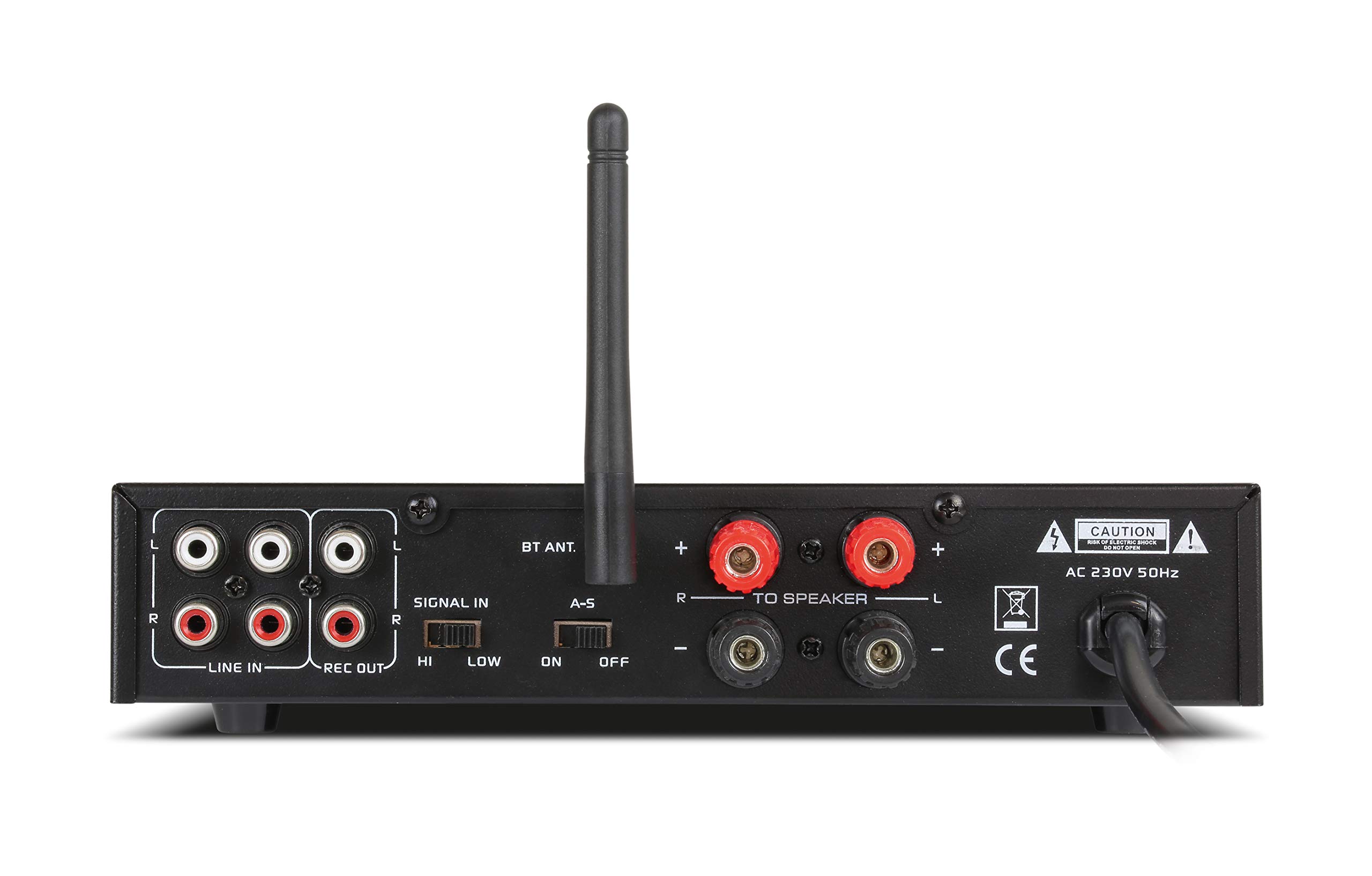Dynavox ESA-18 MK BT - Amplificador estéreo Compacto, terminales de conexión atornillables para Altavoces, Antena BT integrada y Entrada de micrófono, Color Plateado