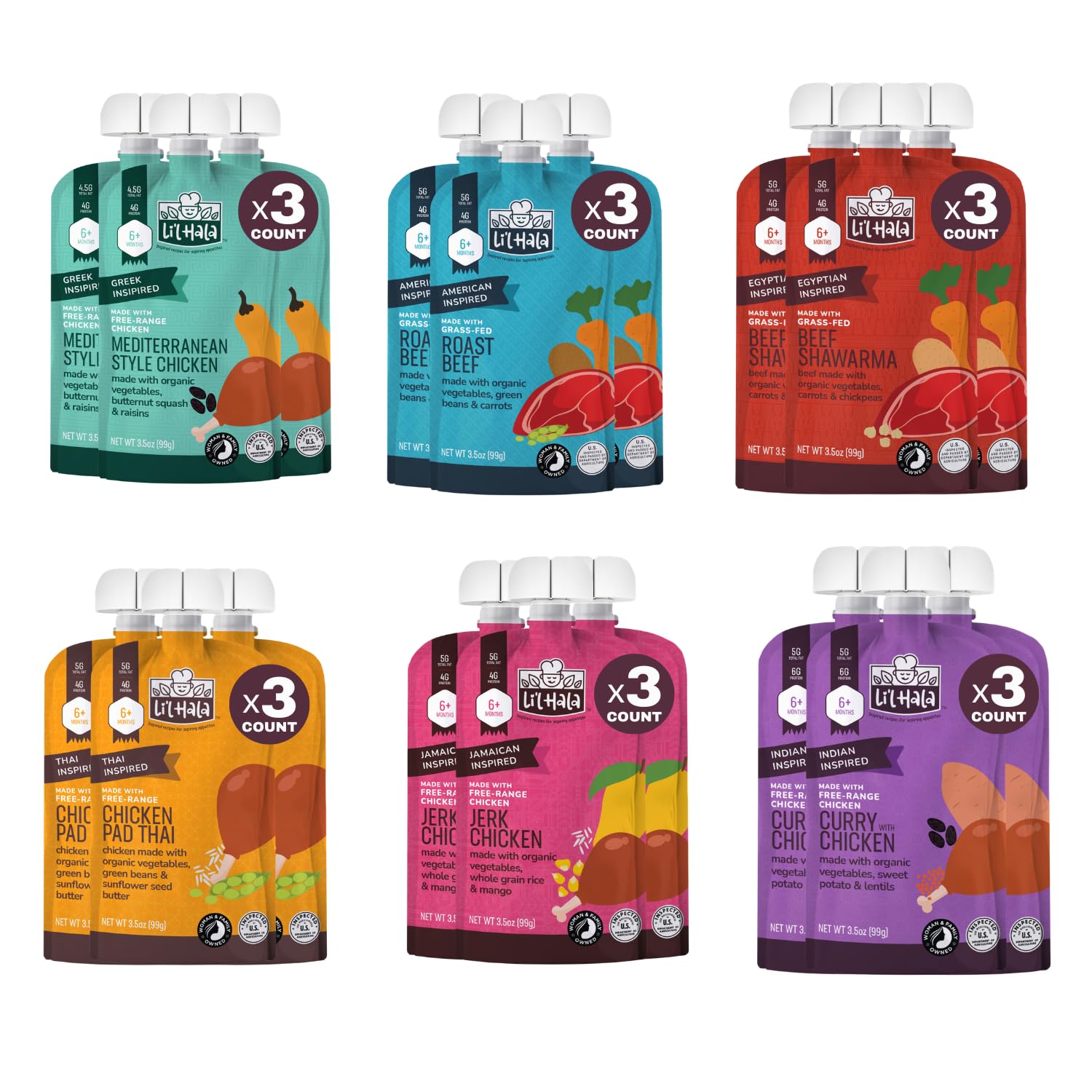 Li'l Hala Variety Pack Baby Food Pouches with Meat & Organic Vegies, 18 Count
